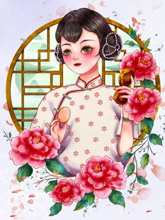 古典旗袍少女与娇艳玫瑰