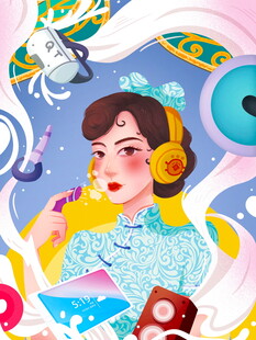 复古风女性与音乐元素插画