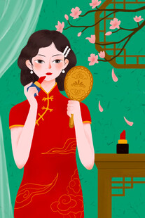 旗袍女子优雅持镜赏春