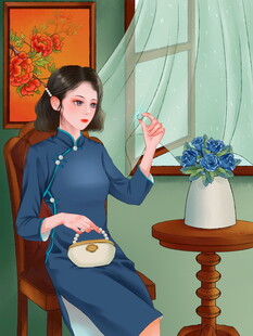 旗袍女子优雅品茶赏蓝花
