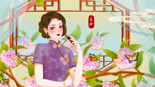 古典旗袍女子于花卉间