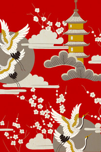 中式红底仙鹤宝塔吉祥图案
