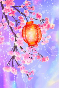 梦幻樱花下的红灯笼