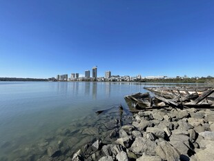 湖畔石岸与远处城市景观