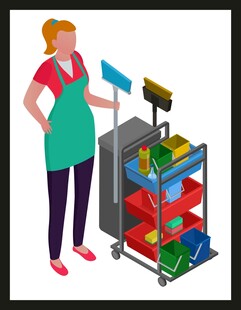 女清洁工与清洁工具车