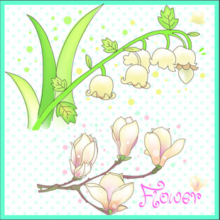 铃兰与玉兰花手绘插画