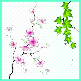 粉色花枝与绿叶装饰图
