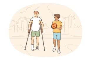 拄拐者与健康者并肩而立