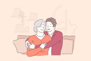 儿子拥抱年迈母亲温馨瞬间