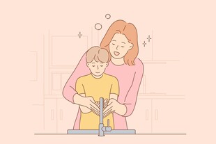 母亲与孩子共同下厨
