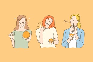 三位女性手持水果插画