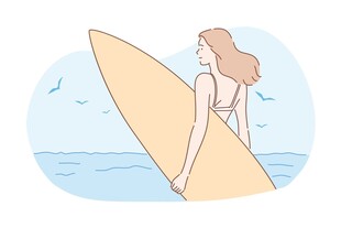 海边持冲浪板的优雅女子
