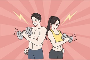 男女并肩举哑铃健身