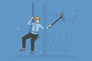 高空清洁工人的工作瞬间