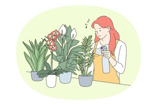 女子专注照料多样盆栽
