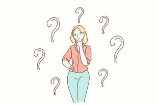 女子被问号环绕显困惑