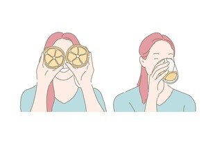 女孩用柠檬与饮品创意互动