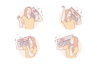 女孩使用收音机的不同姿态