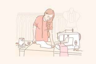 女孩专注缝纫机前做手工