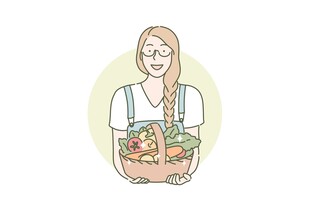 女子手提满载蔬果的篮子
