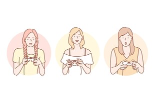 三位女性手持物品姿态图