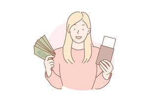 女子手持钞票与手机