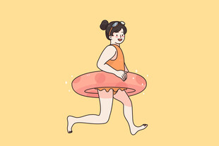 女孩携游泳圈欢快奔跑