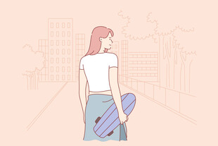 持滑板女孩的城市背影