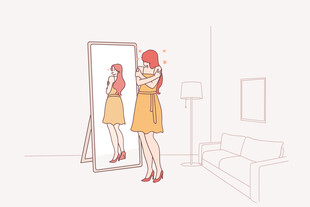 女孩对镜整理着装