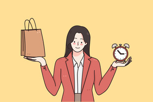 女士手持购物袋与闹钟