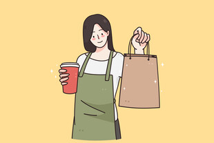 女子购物手持咖啡与宠物