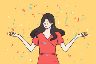 红衣女子开心撒花庆祝