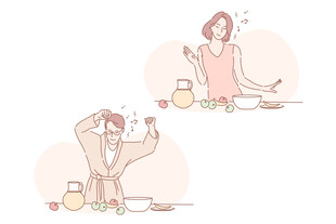 夫妻晨起不同状态场景图