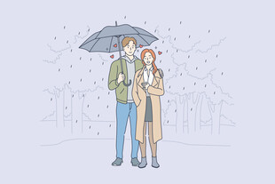 雨中情侣撑伞漫步