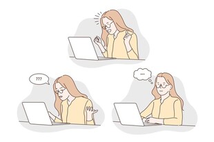 女子使用笔记本电脑的不同状态