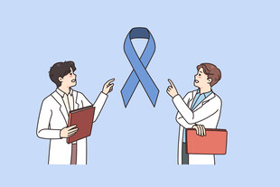 医生展示蓝丝带宣传防艾