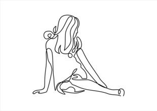 坐着的长发女孩线条画