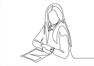 伏案书写的长发人物线条画