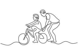 父亲助力孩子学骑自行车