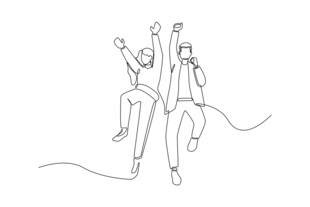 两人携手欢呼的线条插画