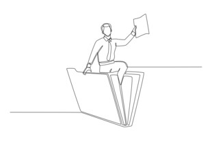 坐在书上阅读的人物线条画
