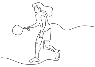 女子持球拍行走线条画