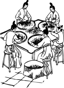 古代女子围坐桌前做手工