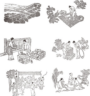 古代生活场景黑白插画