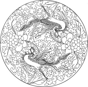圆形双锦鲤花卉线描图案
