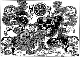 传统民俗群狮形象插画