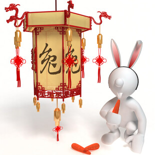 兔年灯笼前的可爱小人