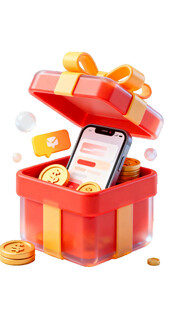 礼盒中手机与金币惊喜呈现