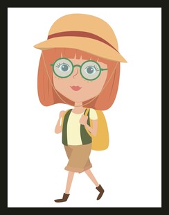 戴帽背包的卡通旅行女孩