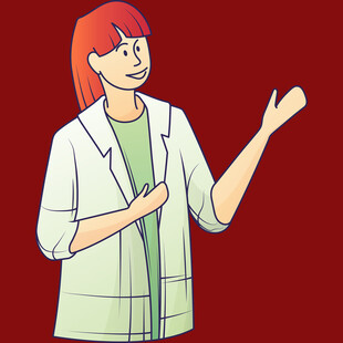红衣女士抬手做讲解姿态